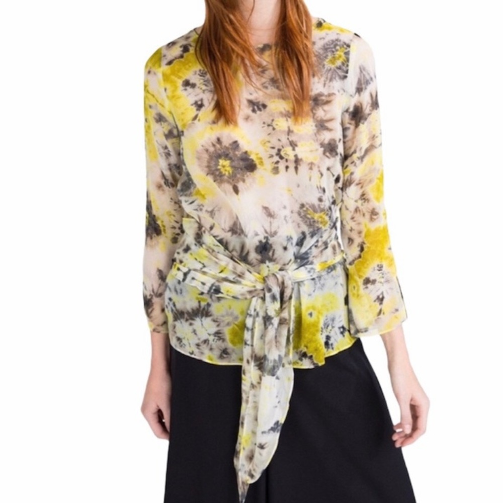 NWT Zara Chiffon Yellow Tie Dye Wrap Blouse Spring Abstract Artsy Top